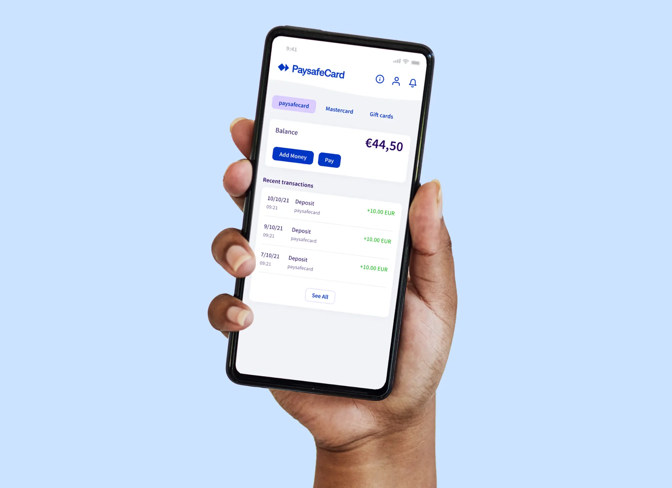 smartphone met interface van de Paysafecard-app